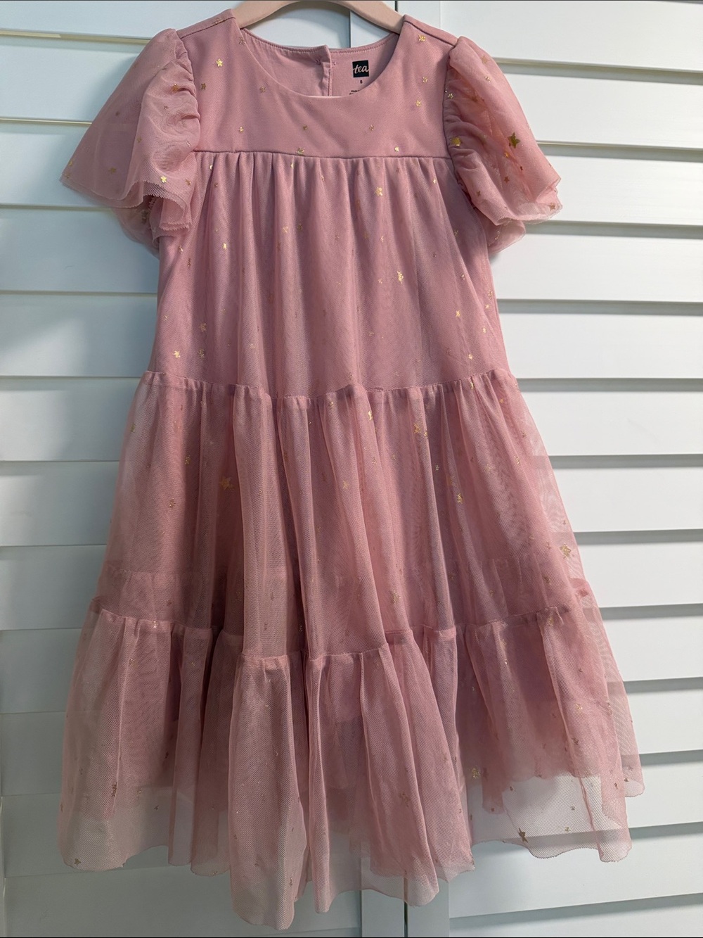 Tea Collection Dusty Pink Tulle Tiered Dress with Gold Stars